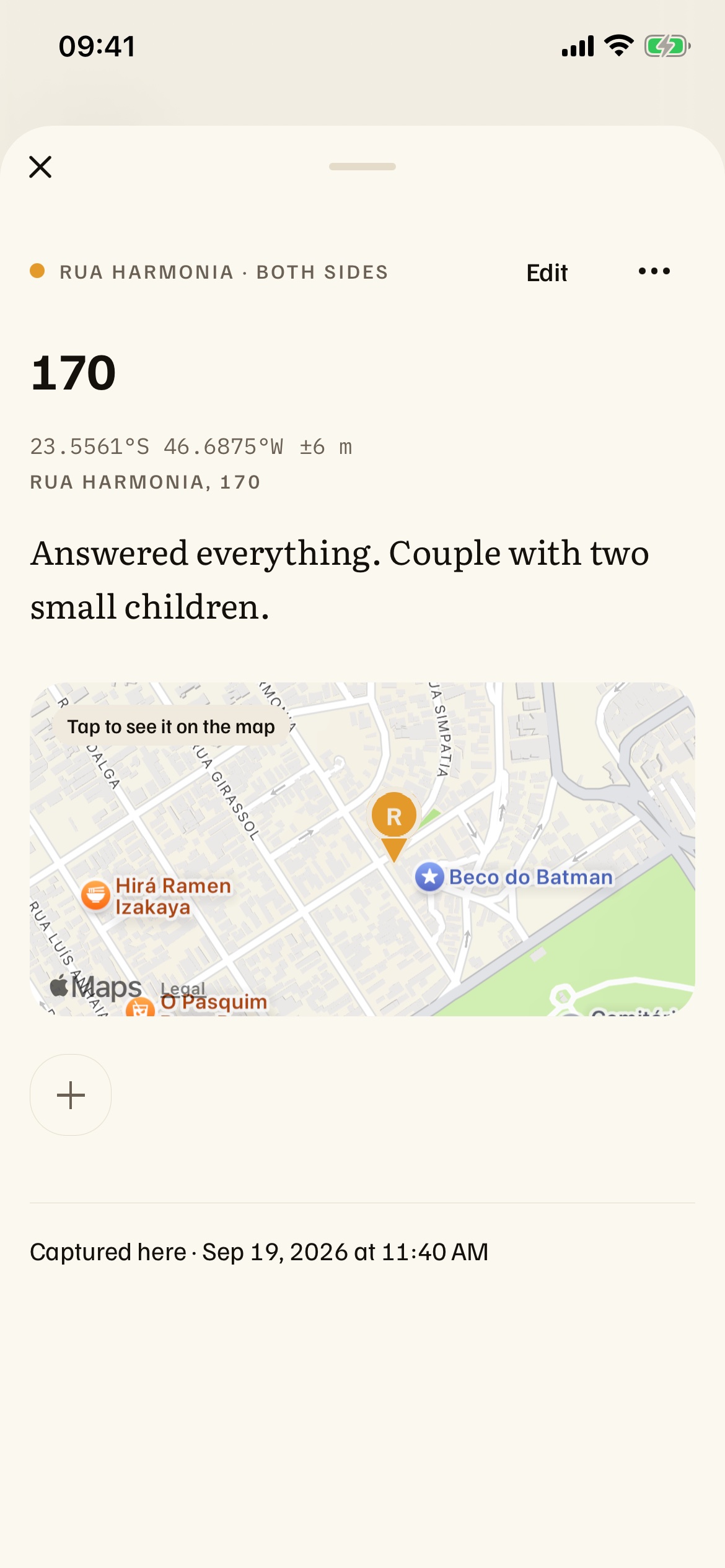 Note 170 opened, with its address, coordinate and a map of the spot