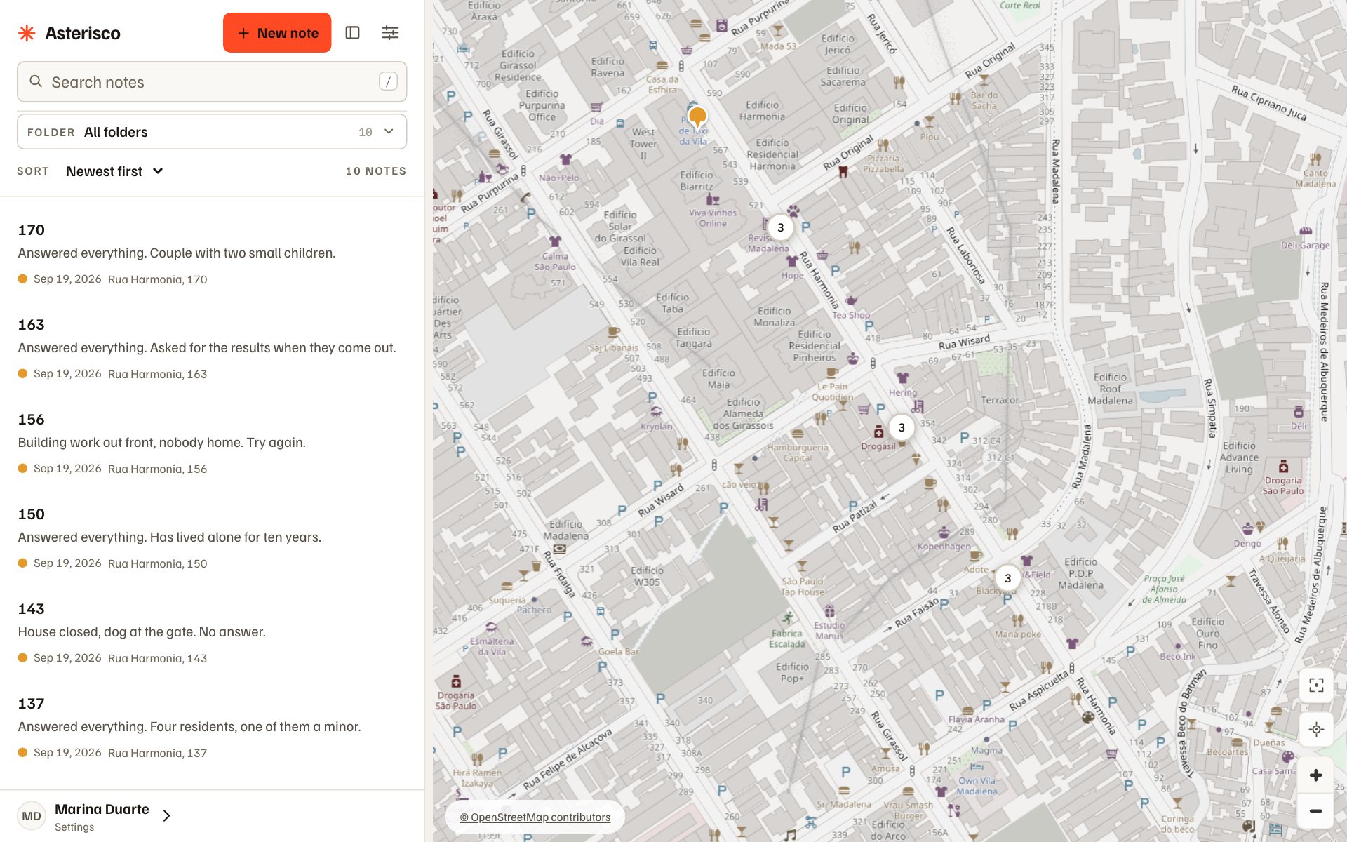 The Asterisco portal: the list of the survey’s ten notes on Rua Harmonia beside a map of Vila Madalena with the notes grouped