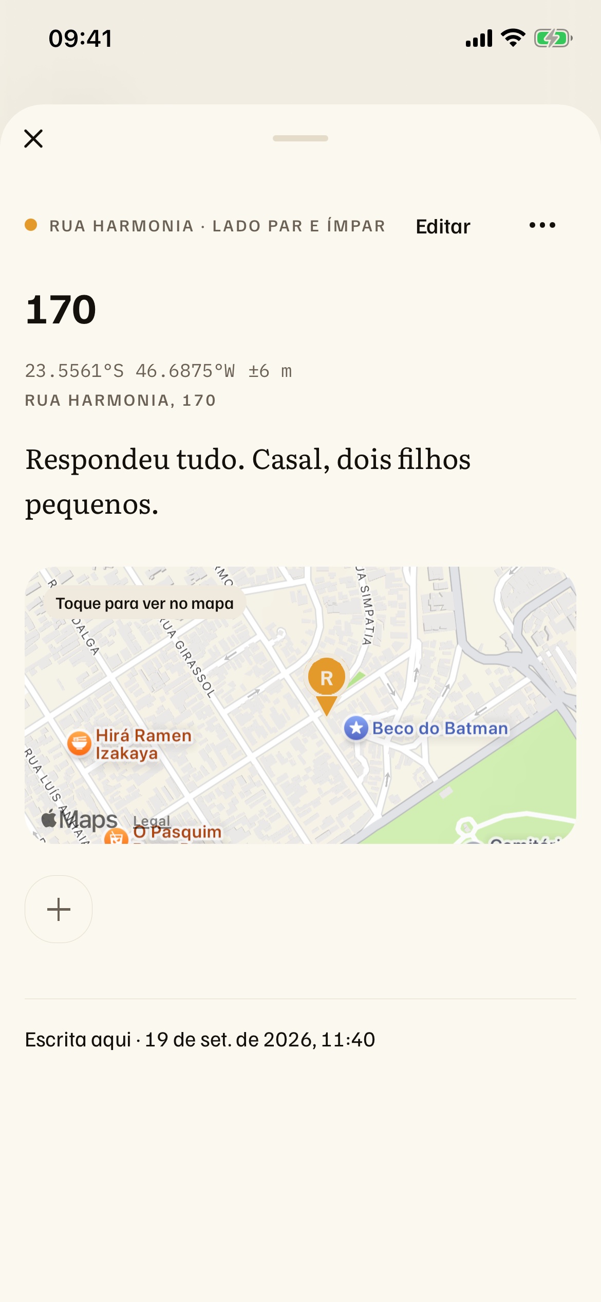 A nota 170 aberta, com o endereço, a coordenada e o mapa do ponto