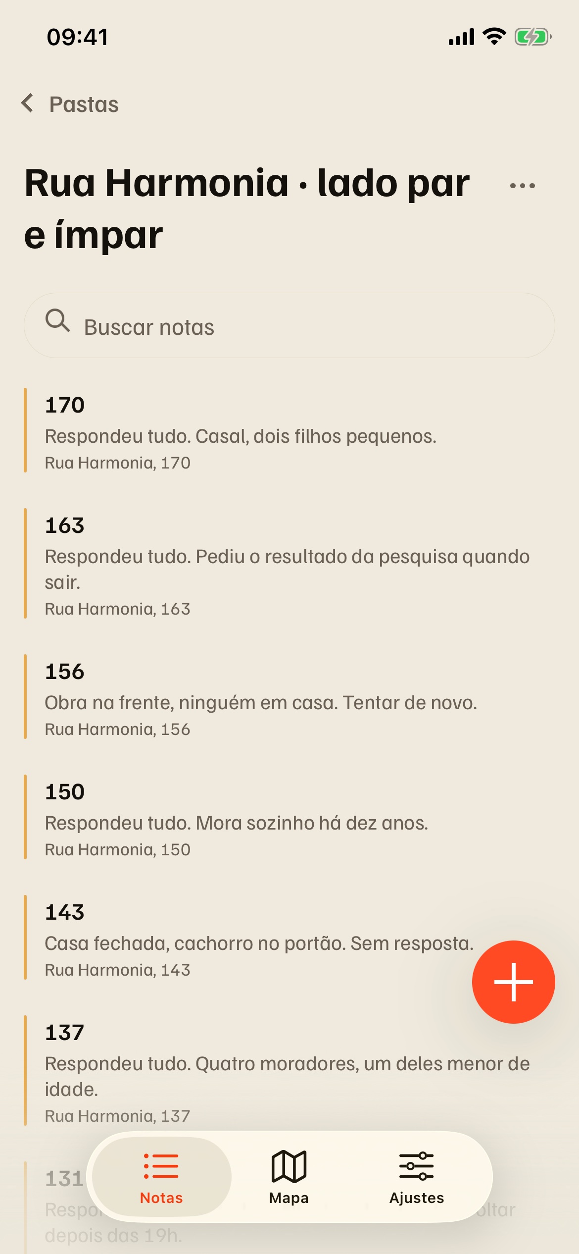 Pasta Rua Harmonia com as notas 170, 163, 156, 150, 143 e 137, cada uma com a resposta resumida e o endereço