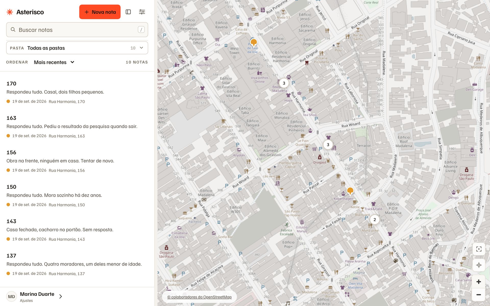 Portal do Asterisco: a lista das dez notas da pesquisa na Rua Harmonia ao lado do mapa da Vila Madalena com as notas agrupadas