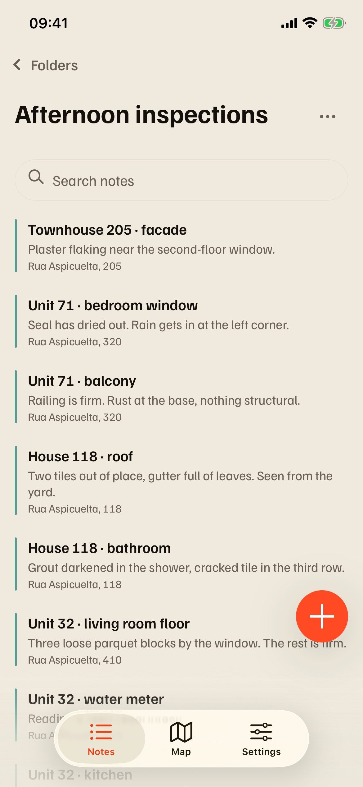 A list of nine notes in the Afternoon inspections folder, each with the street and house number