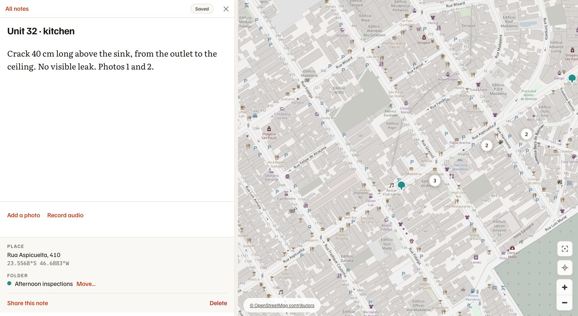 The Asterisco portal in a browser: a map of Vila Madalena with the inspection notes and, beside it, the note Unit 32 · kitchen opened