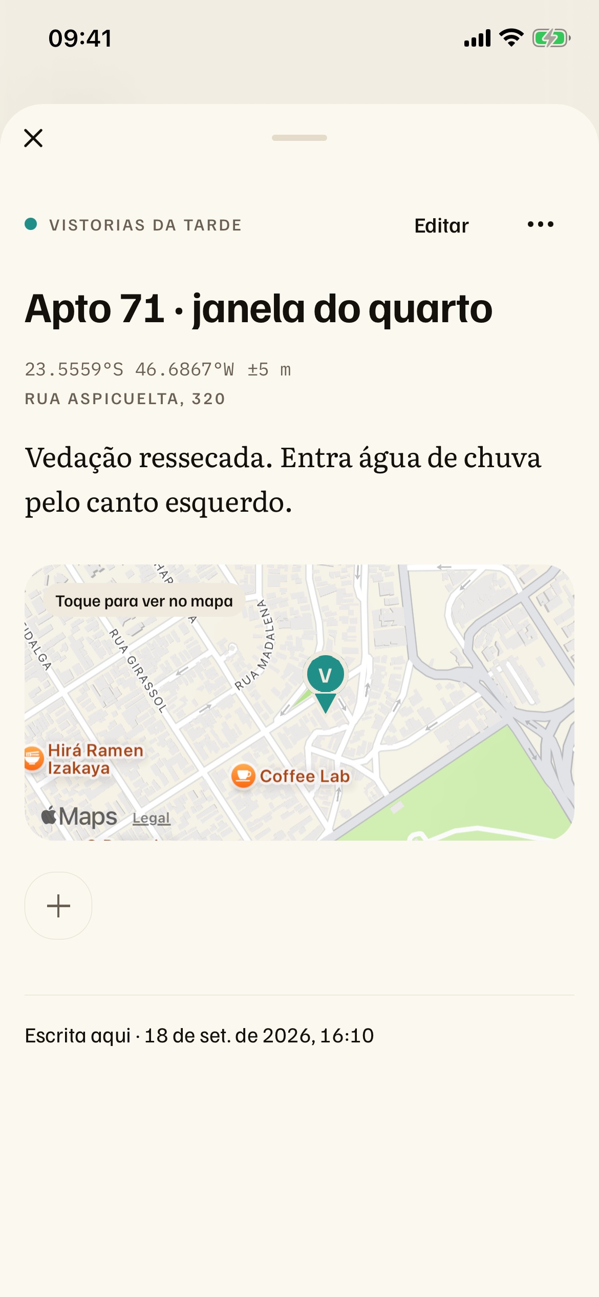 Uma nota aberta, com coordenada, margem de precisão, endereço, mapa e hora em que foi escrita