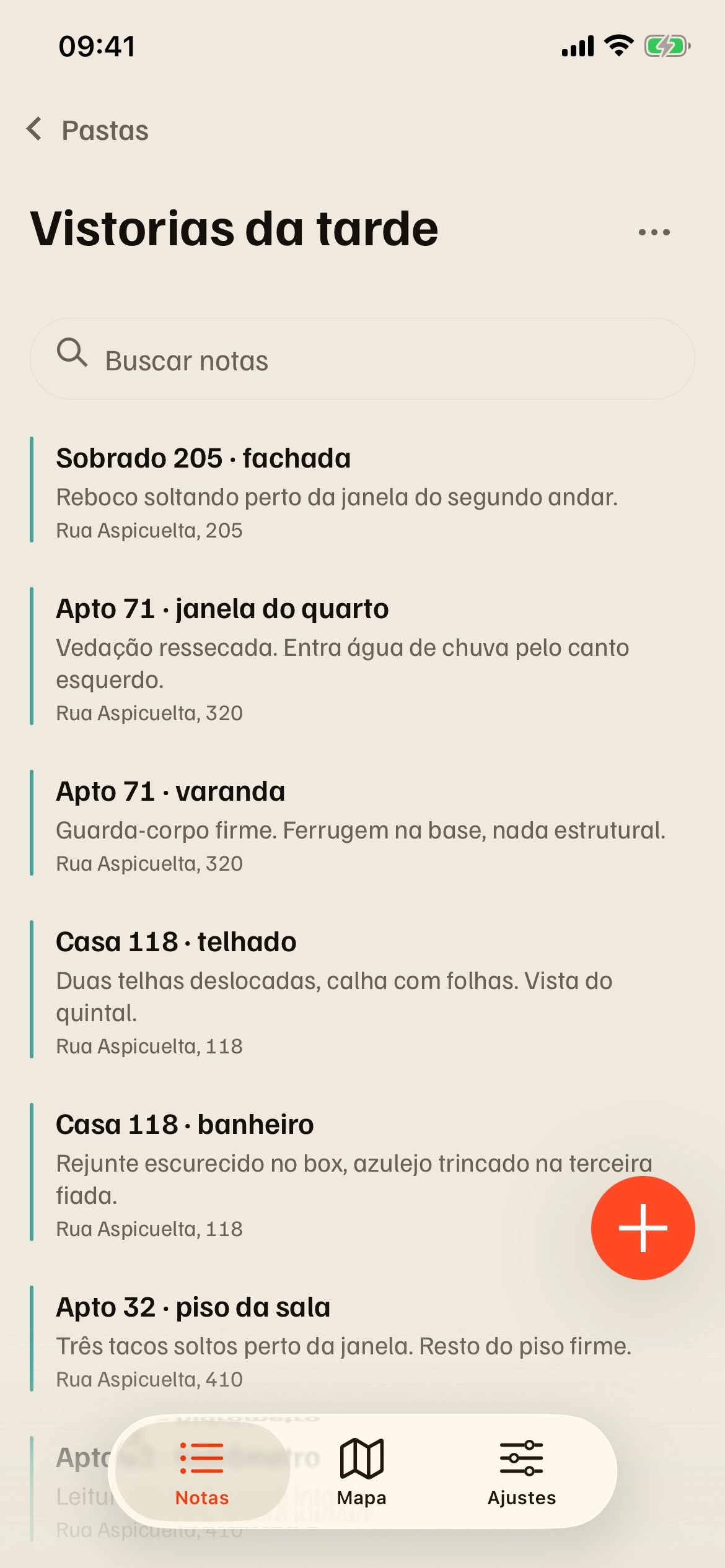 Lista de nove notas da pasta Vistorias da tarde, cada uma com a rua e o número do imóvel