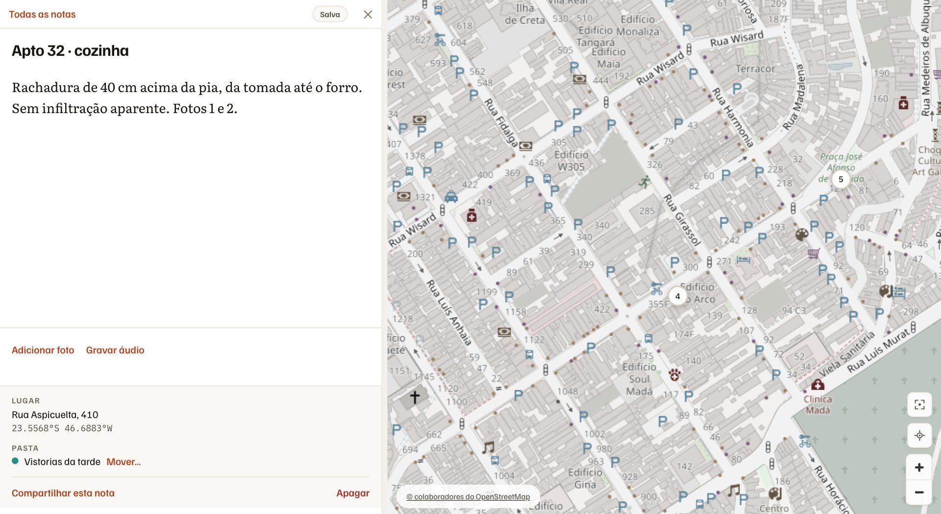 Portal do Asterisco no navegador: o mapa da Vila Madalena com as notas da vistoria e, ao lado, a nota Apto 32 · cozinha aberta