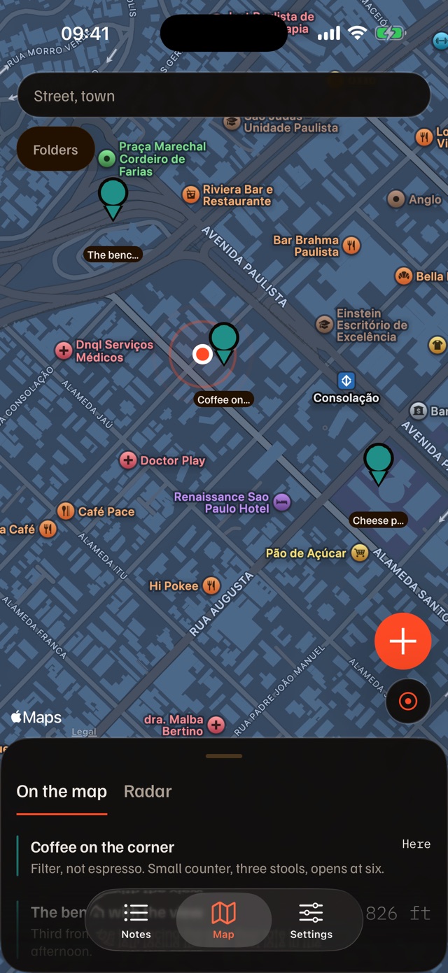 Map with the user’s notes scattered along Avenida Paulista