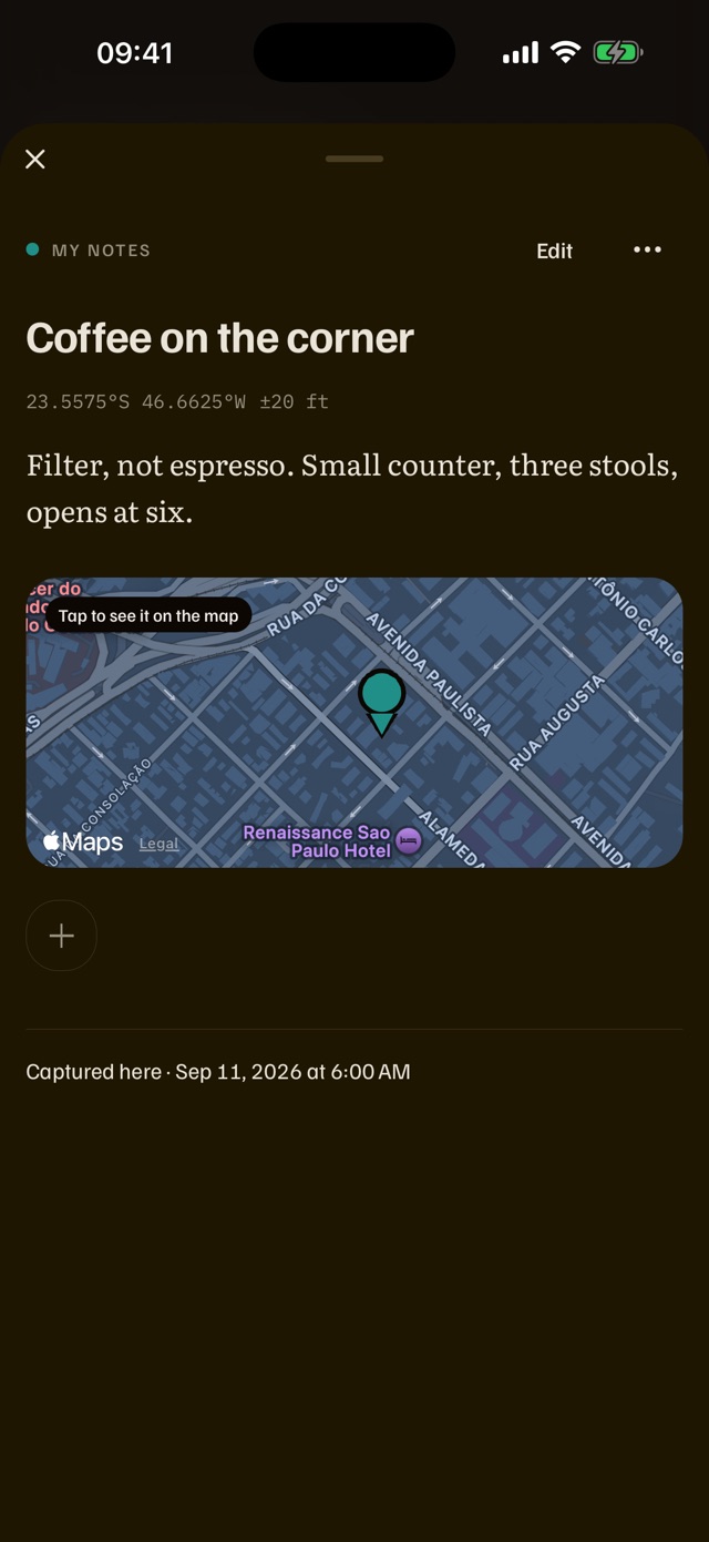 The note “Corner café” open, with its coordinate, its text and the map of where it was written