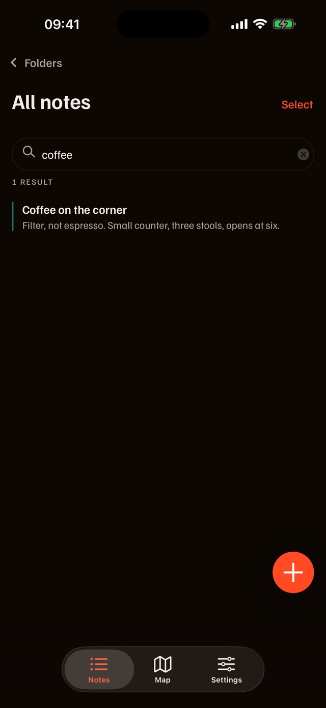 Search for “cafe” finding the note “Café da esquina”