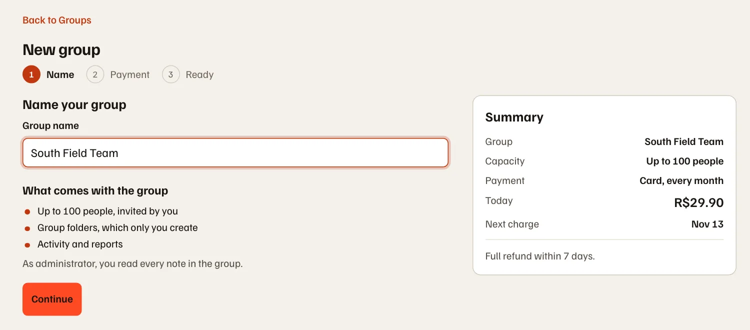 The New group screen in the portal, with the group name and the payment summary.