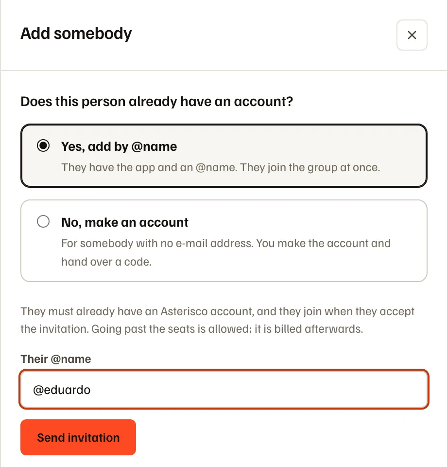 The Add somebody panel, with the field for typing the person’s @name.