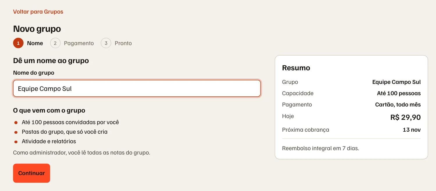 A tela Novo grupo no portal, com o nome do grupo e o resumo do pagamento.