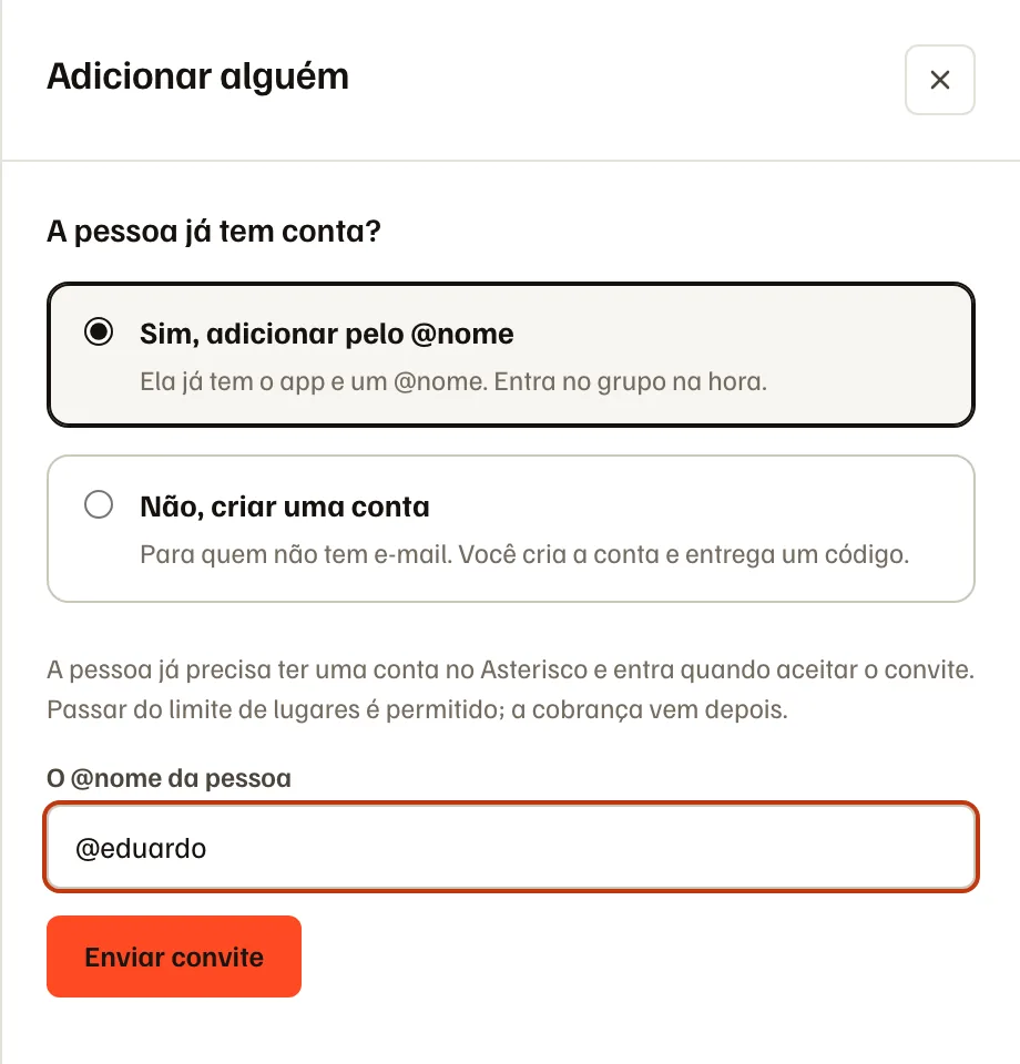 O painel Adicionar alguém, com o campo para digitar o @nome da pessoa.