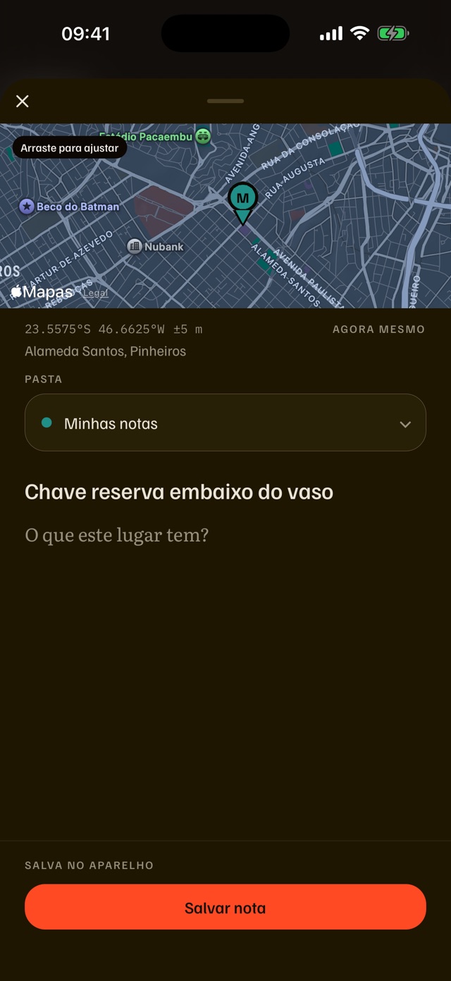 Tela de nova nota com coordenada, o endereço “Alameda Santos, Pinheiros” e o título “Chave reserva embaixo do vaso”