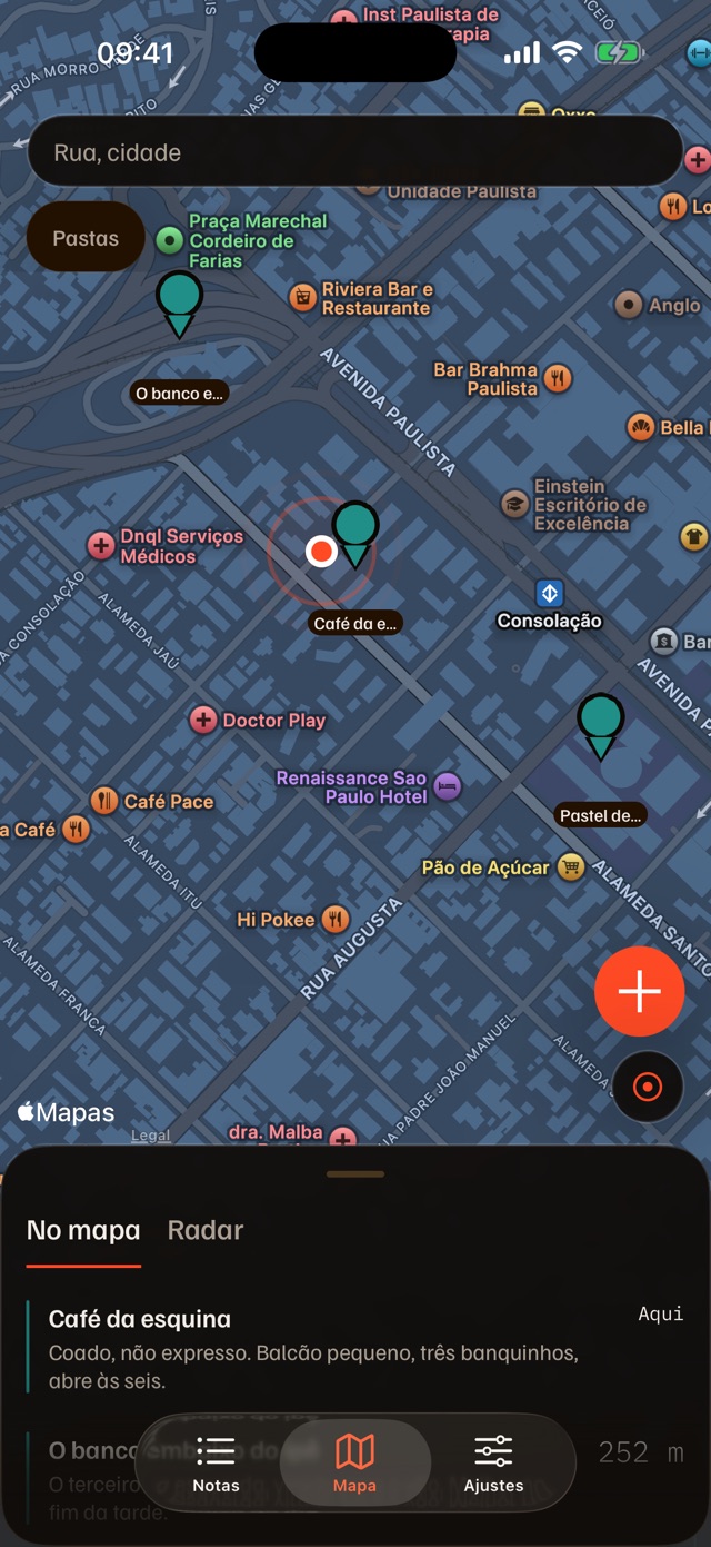 Mapa com as notas do usuário espalhadas pela Avenida Paulista