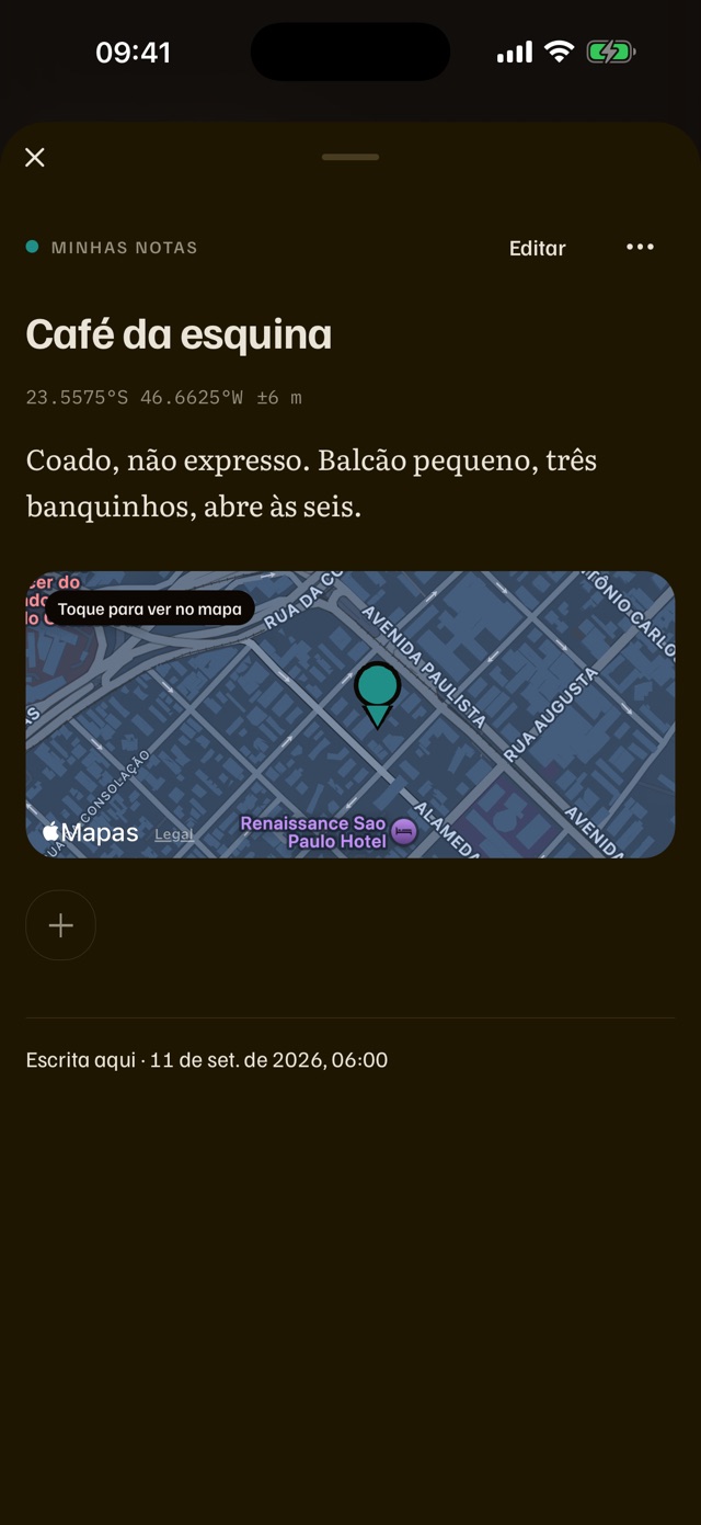 Nota “Café da esquina” aberta, com a coordenada, o texto e o mapa do lugar onde foi escrita