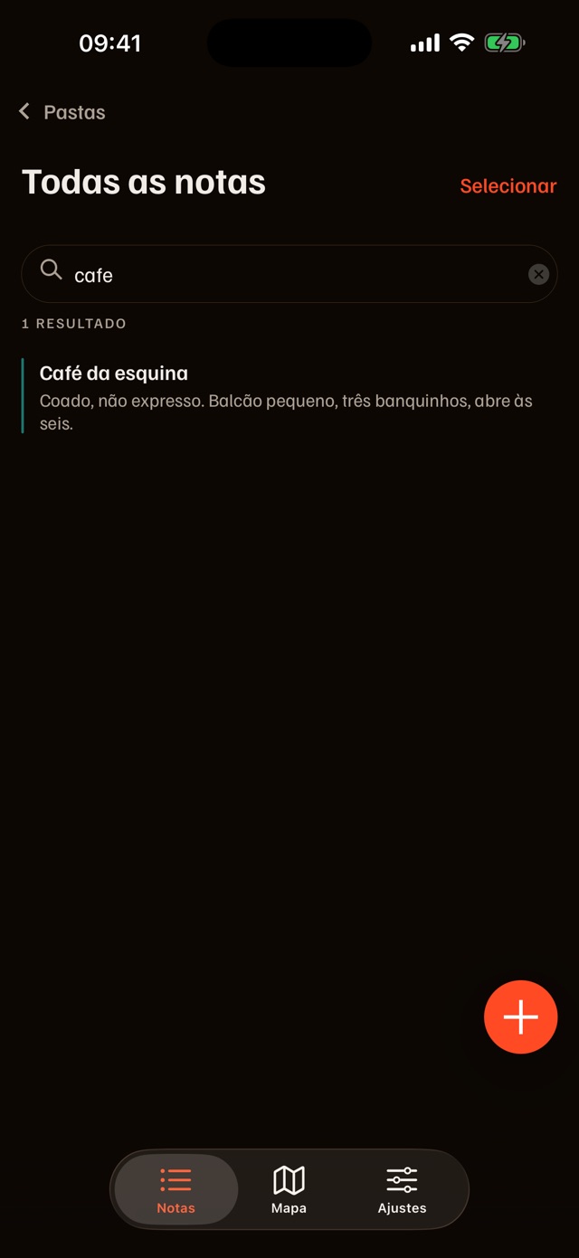 Busca por “cafe” encontrando a nota “Café da esquina”